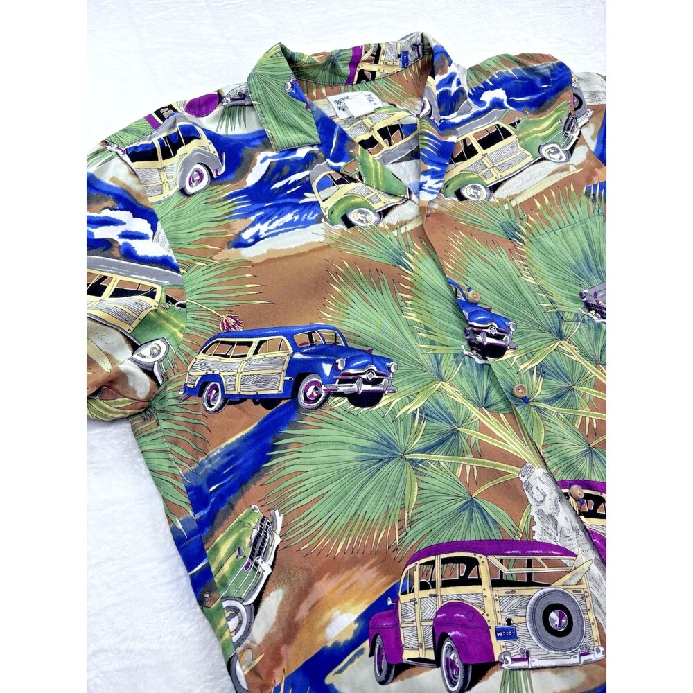 VTG 80s Diamond Head Hawaiian Shirt L Woody Car Print USA Made Rayon Camp